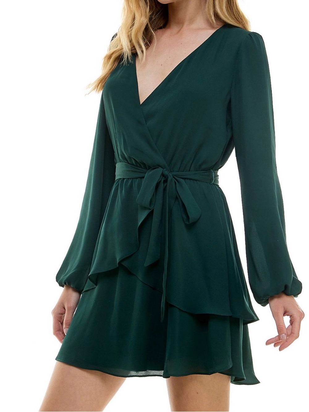 City Studio Emerald Green Long Sleeve Wrap Tie Ruffled Mini Dress